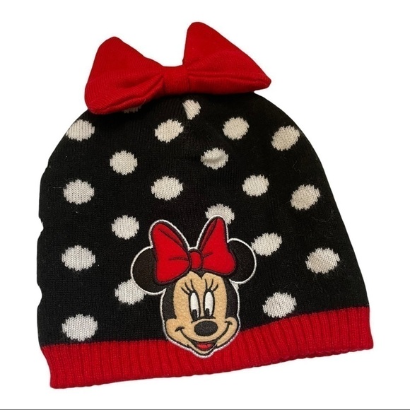 𝅺MINNIE Mouse knit polka dot hat Red bow at top and red head band Minnie patch - Picture 1 of 4
